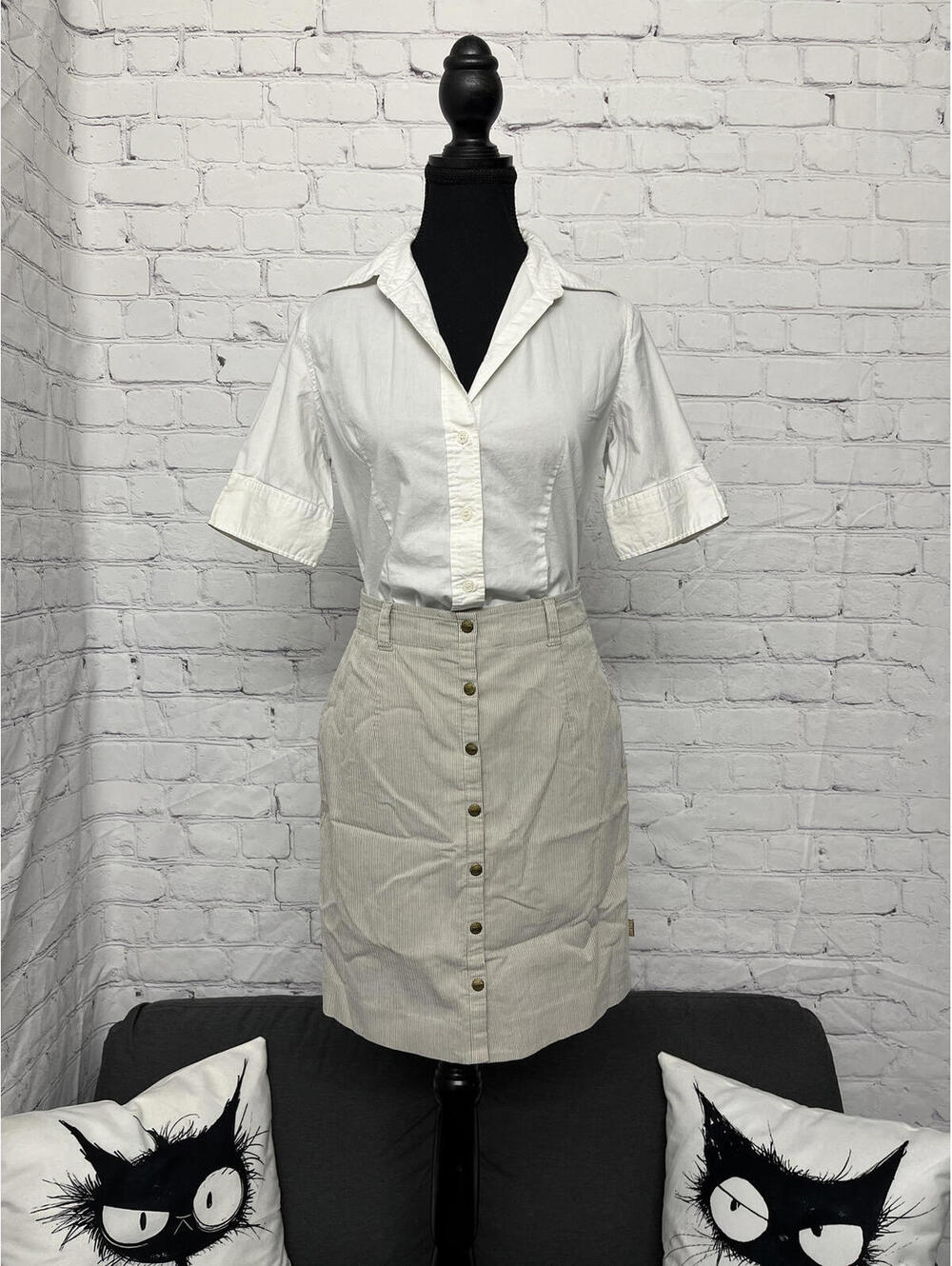 Vintage Esprit Tan White Pinstripe Pencil Skirt Knee Length Sz 6 Office Siren